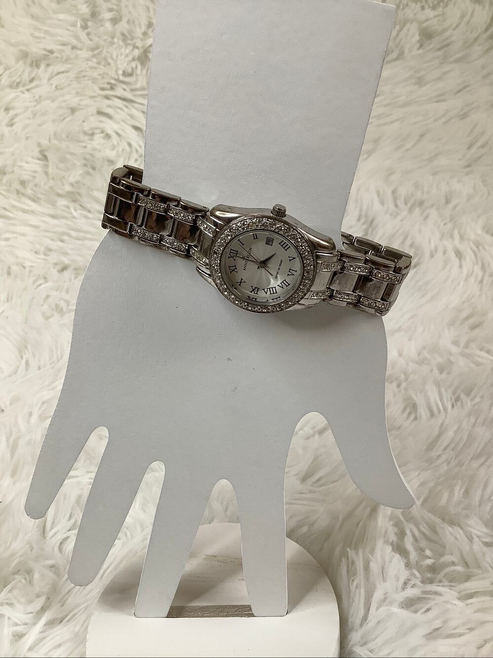 Anne Klein Silver Tone Crystal Bezel Roman Numerals Quartz Watch Elegant A4-32